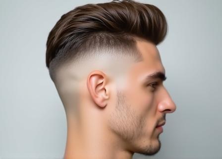 Example of a modern men's haircut with a fade and styled top