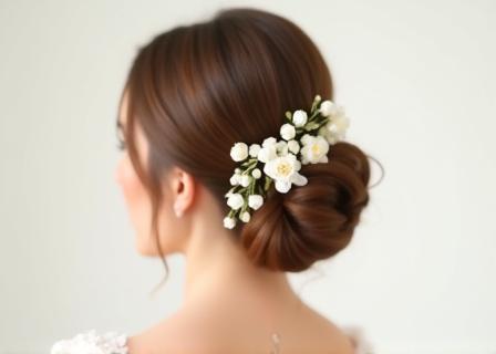 Example of an elegant bridal updo hairstyling with floral accents